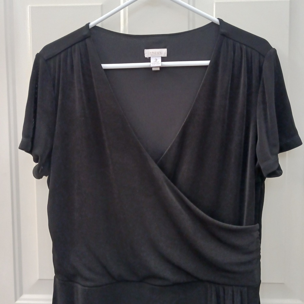 Chicos Faux Wrap Short Sleeve Dress Surplice Knee‎ Acetate Slinky Black Womens L
